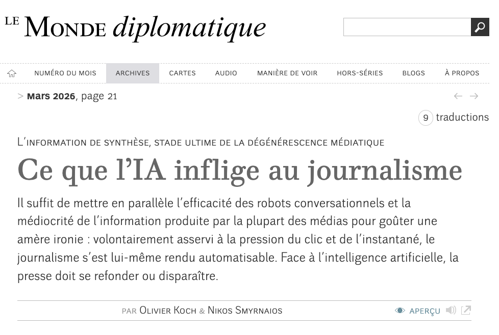 Article dans le Diplo sur IA & journalisme
