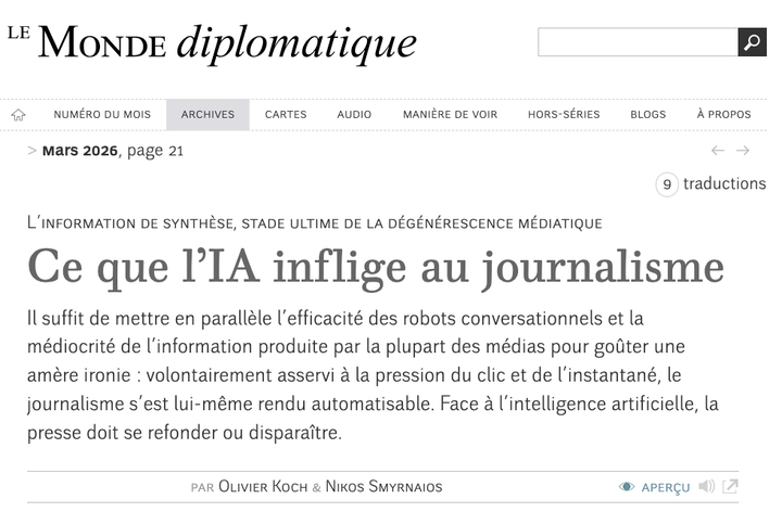 Article dans le Diplo sur IA & journalisme